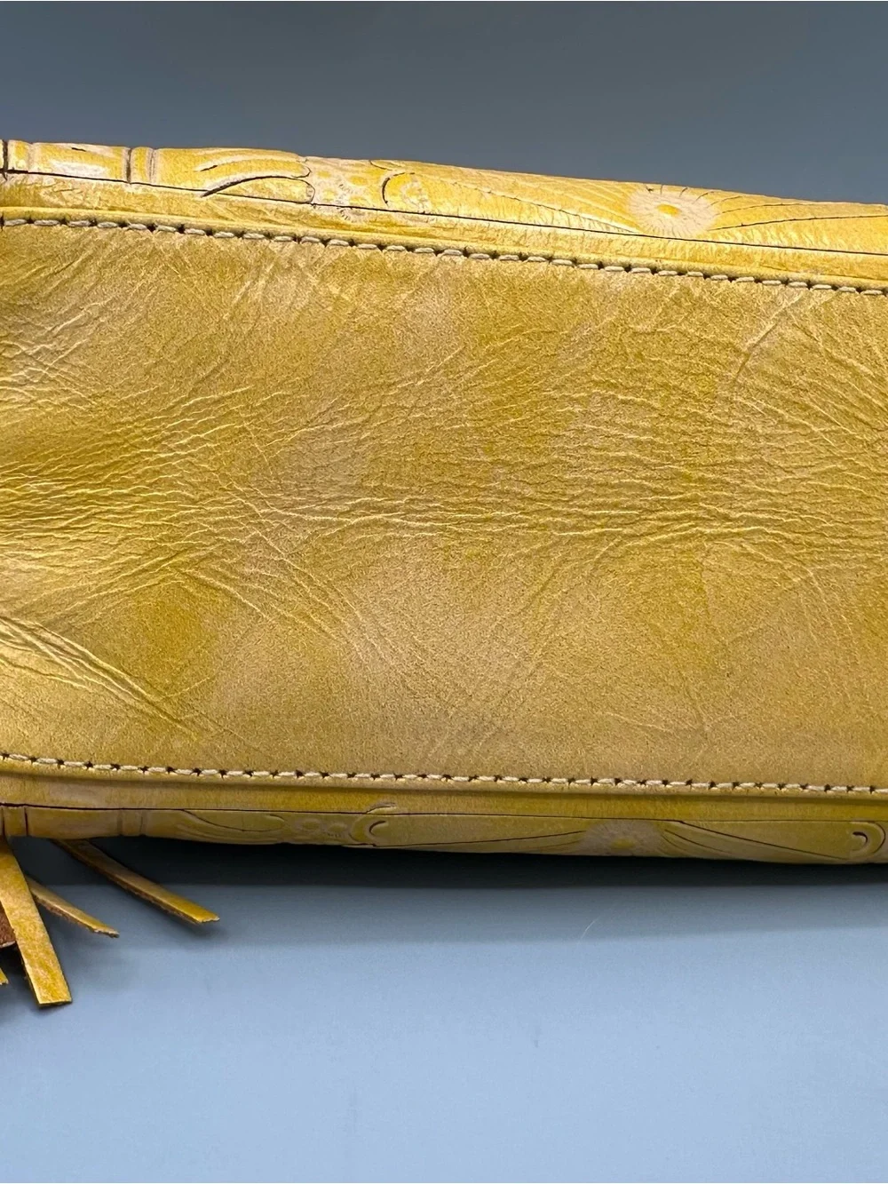 Hand Tool Genuine Leather Cosmetic Pouch Bag Yellow Tooled Paraguay 7x5.5 Mint